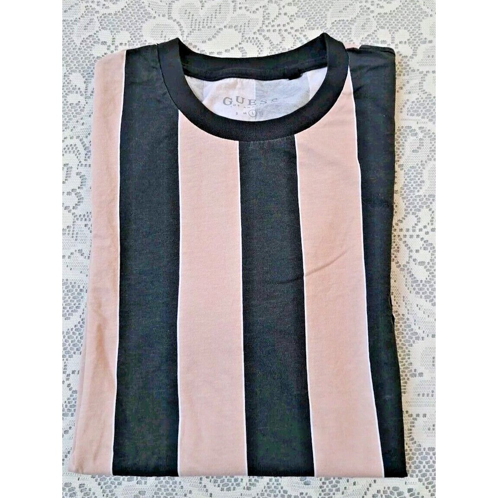Guess T-shirt Men's Size L Pink/ Black Stripped Short Sleeves Pullover Pre-owned - Picture 7 of 7